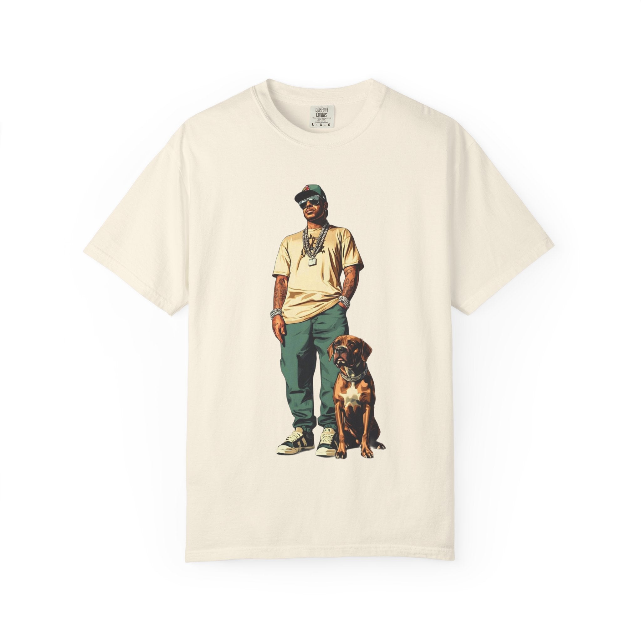Graphic T-Shirt — Casual Streetwear Man with Dog Illustration