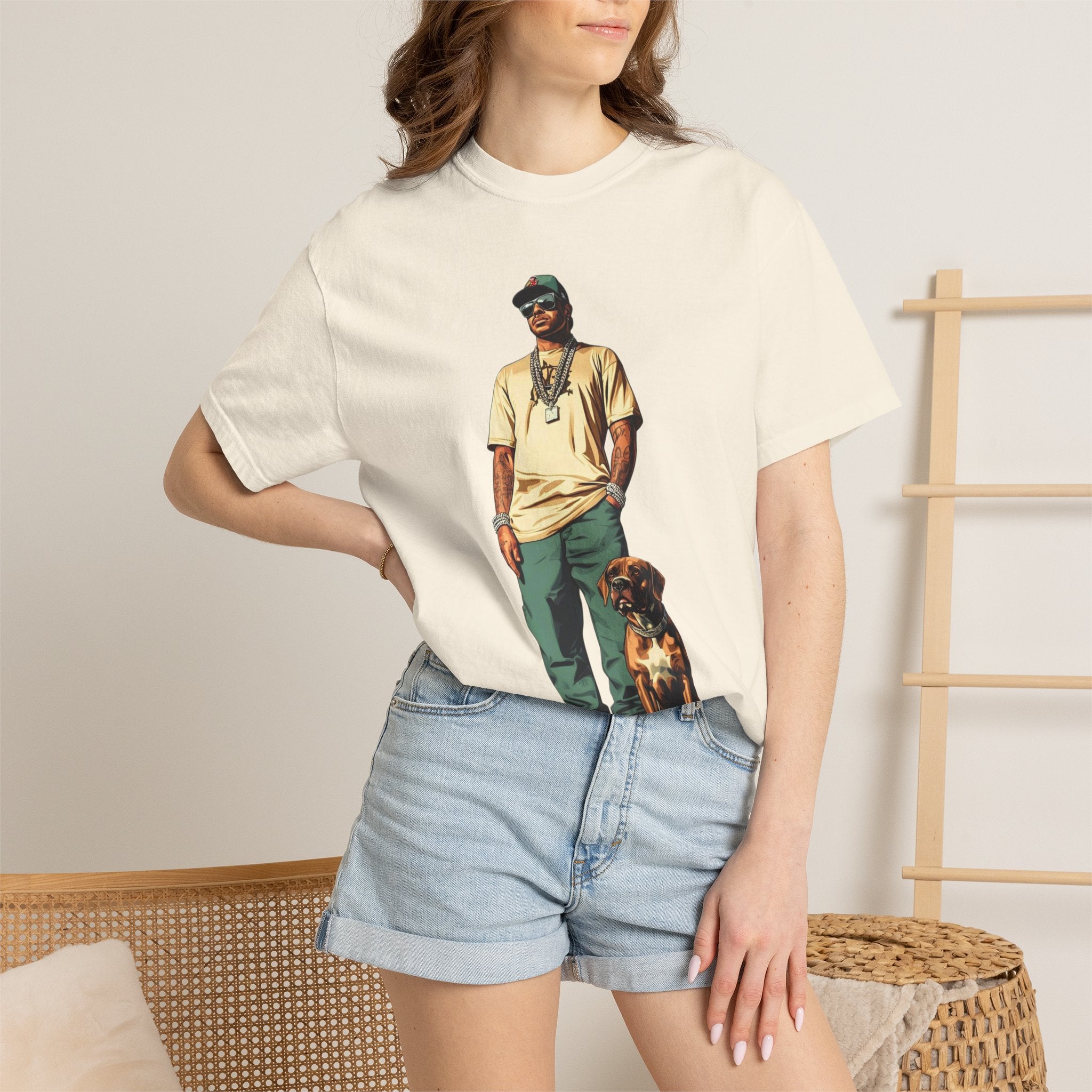 Graphic T-Shirt — Casual Streetwear Man with Dog Illustration
