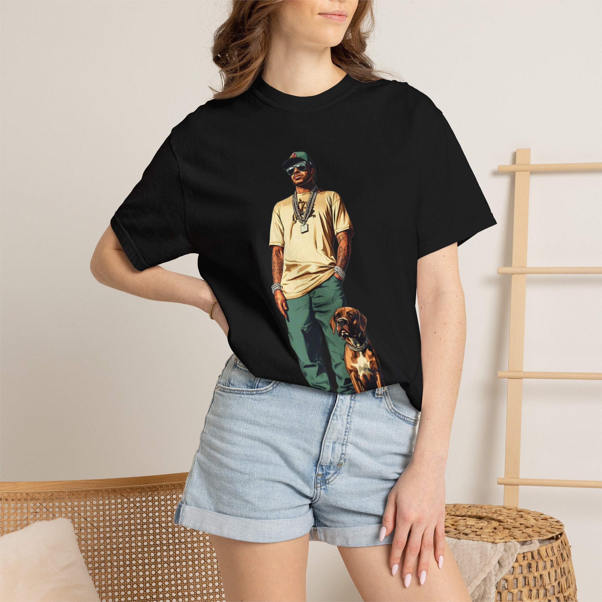 Graphic T-Shirt — Casual Streetwear Man with Dog Illustration