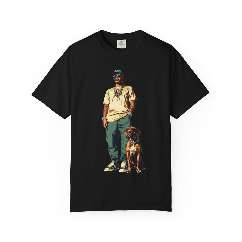 Graphic T-Shirt — Casual Streetwear Man with Dog Illustration